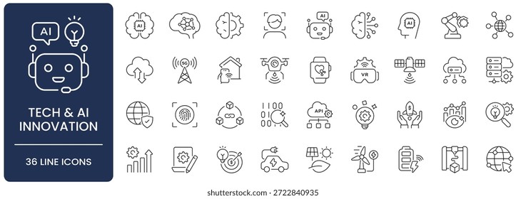 Ícone de inovação de tecnologia e IA definido com traço editável. Coleção de tecnologia do futuro, inteligência artificial, aprendizagem de máquina, IoT, robótica, robô, RV, drone, computação em nuvem e símbolos de inicialização.
