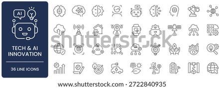 Tech and AI Innovation Icon Set with Editable Stroke. Collection of Future technology, artificial intelligence, machine learning, IoT, robotics, robot, VR, drone, cloud computing, and startup symbols.