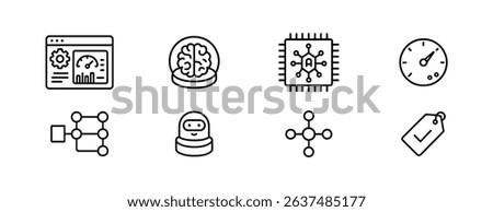 Tech and ai line icon set. technology, artificial intelligence, digital data icons