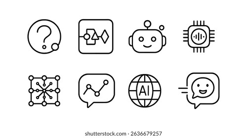 Tech, ai, robotics line icon set. innovation, network, chatbot, circuit design icons