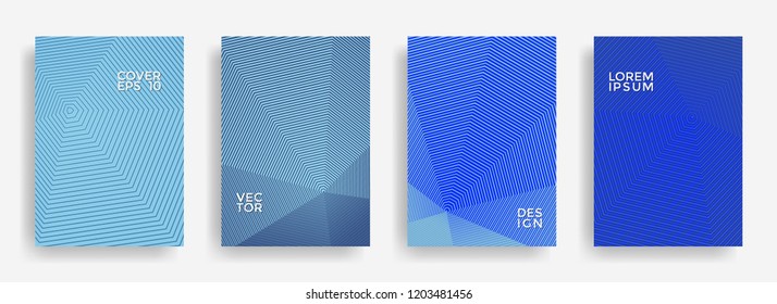 Tech annual report design vector collection. Halftone stripes texture cover page layout templates set. Report covers geometric design, business booklet pages corporate backgrounds.