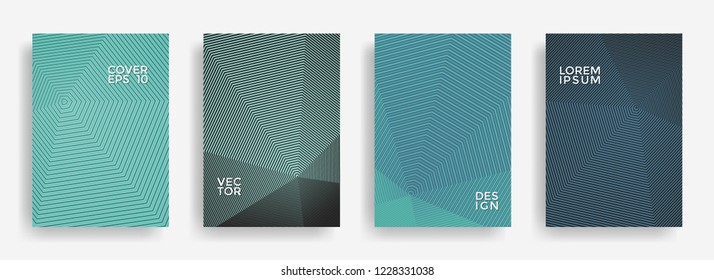 Tech annual report design vector collection. Halftone stripes edged texture cover page layout templates set. Report covers geometric design, business booklet pages corporate templates.