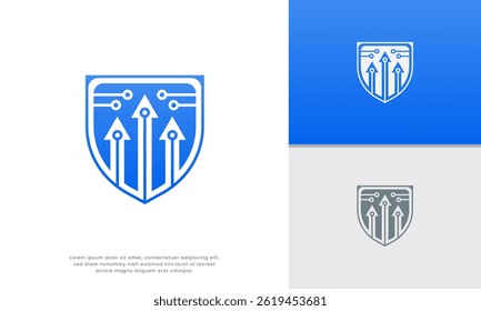 Tech Arrows Shield Logo. Modern logo combining upward arrows with a shield and circuit board elements. Ideal for technology, innovation, security, and progress-oriented businesses.