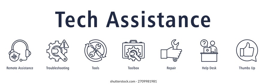 Banner de Assistência técnica com ícones de Assistência remota, Solução de problemas, Ferramentas, Caixa de ferramentas, Reparo, Suporte técnico e Polegar para cima.