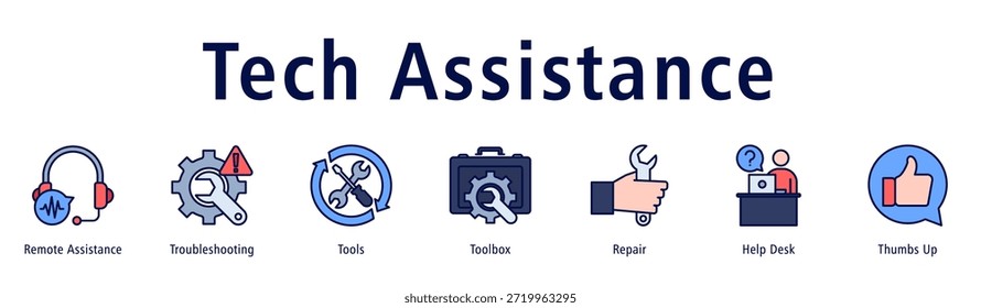 Banner de Assistência técnica com ícones de Assistência remota, Solução de problemas, Ferramentas, Caixa de ferramentas, Reparo, Suporte técnico e Polegar para cima.
