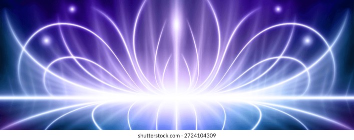 Fundo tecnológico com raios de luz curvos azuis e atmosfera digital futurista. Espaço escuro abstrato com elementos de néon e linhas de rede brilhantes. Design dinâmico de tecnologia para apresentações comerciais.