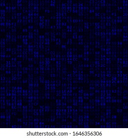 Tech background. Blue filled hexadecimal pairs background. Medium sized seamless pattern. Neat vector illustration.