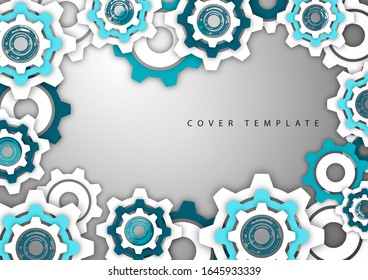 Tech background with colored gears, modern cover template. Place for text. Vector illustration for your design.