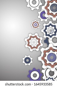 Tech background with colored gears, modern cover template. Place for text. Vector illustration for your design.