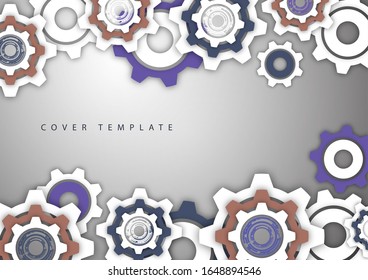 Tech background with colored gears, modern cover template. Place for text. Vector illustration for your design.