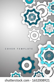 Tech background with colored gears, modern cover template. Place for text. Vector illustration for your design.
