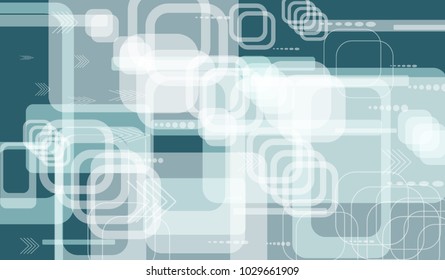 Tech Background. Colorful Horizontal Technology Background with Frames, Squares, Dots, Arrows and Lines. Modern Abstract Texture for Wallpaper, Applications, Web. Trendy Digital Texture. Vector.