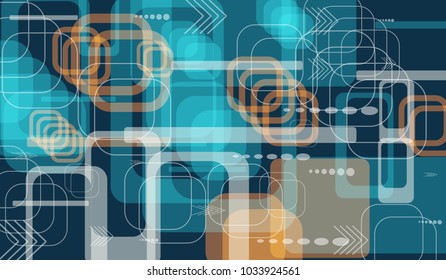 Tech Background. Colorful Horizontal Technology Background with Frames, Squares, Dots, Arrows and Lines. Modern Abstract Texture for Wallpaper, Applications, Web. Modern Digital Texture. Vector.