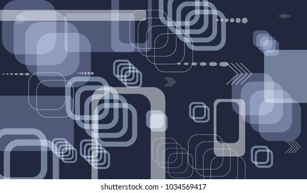 Tech Background. Colorful Horizontal Technology Background with Frames, Squares, Dots, Arrows and Lines. Modern Abstract Texture for Wallpaper, Applications, Web. Retro Digital Texture. Vector.
