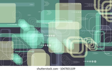 Tech Background. Colorful Horizontal Technology Background with Frames, Squares, Dots, Arrows and Lines. Modern Abstract Texture for Web, Applications, Wallpaper. Modern Digital Texture. Vector.