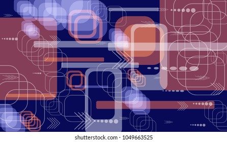 Tech Background. Colorful Horizontal Technology Background with Frames, Squares, Dots, Arrows and Lines. Modern Abstract Texture for Web, Applications, Wallpaper. Trendy Digital Texture. Vector.