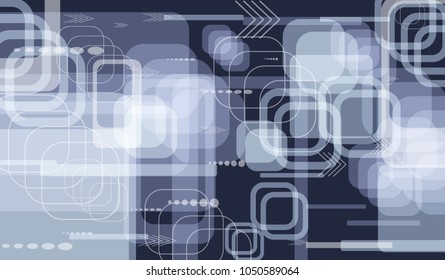 Tech Background. Colorful Horizontal Technology Background with Frames, Squares, Dots, Arrows and Lines. Modern Abstract Texture for Web, Wallpaper, Applications. Retro Digital Texture. Vector.