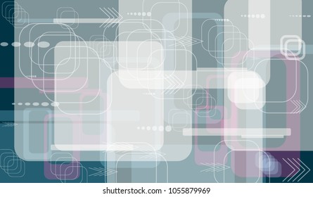 Tech Background. Colorful Horizontal Technology Background with Frames, Squares, Dots, Arrows and Lines. Modern Abstract Texture for Wallpaper, Web, Applications. Vintage Digital Texture. Vector.