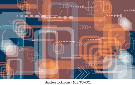Tech Background. Colorful Horizontal Technology Background with Frames, Squares, Dots, Arrows and Lines. Modern Abstract Texture for Wallpaper, Web, Applications. Modern Digital Texture. Vector.
