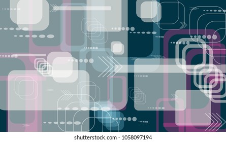 Tech Background. Colorful Horizontal Technology Background with Frames, Squares, Dots, Arrows and Lines. Modern Abstract Texture for Web, Wallpaper, Applications. Retro Digital Texture. Vector.