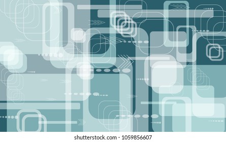 Tech Background. Colorful Horizontal Technology Background with Frames, Squares, Dots, Arrows and Lines. Modern Abstract Texture for Web, Applications, Wallpaper. Trendy Digital Texture. Vector.