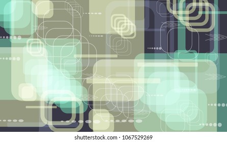 Tech Background. Colorful Horizontal Technology Background with Frames, Squares, Dots, Arrows and Lines. Modern Abstract Texture for Web, Wallpaper, Applications. Retro Digital Texture. Vector.