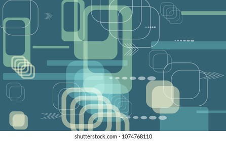 Tech Background. Colorful Horizontal Technology Background with Frames, Squares, Dots, Arrows and Lines. Modern Abstract Texture for Web, Applications, Wallpaper. Trendy Digital Texture. Vector.