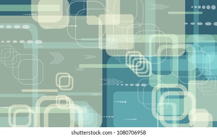 Tech Background. Colorful Horizontal Technology Background with Frames, Squares, Dots, Arrows and Lines. Modern Abstract Texture for Wallpaper, Applications, Web. Vintage Digital Texture. Vector.