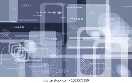 Tech Background. Colorful Horizontal Technology Background with Frames, Squares, Dots, Arrows and Lines. Modern Abstract Texture for Web, Applications, Wallpaper. Fantastic Digital Texture. Vector.