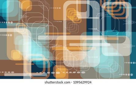 Tech Background. Colorful Horizontal Technology Background with Frames, Squares, Dots, Arrows and Lines. Modern Abstract Texture for Web, Wallpaper, Applications. Retro Digital Texture. Vector.