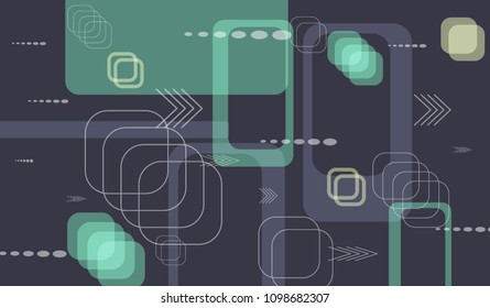 Tech Background. Colorful Horizontal Technology Background with Frames, Squares, Dots, Arrows and Lines. Modern Abstract Texture for Web, Applications, Wallpaper. Trendy Digital Texture. Vector.
