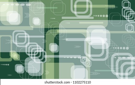 Tech Background. Colorful Horizontal Technology Background with Frames, Squares, Dots, Arrows and Lines. Modern Abstract Texture for Wallpaper, Web, Applications. Vintage Digital Texture. Vector.
