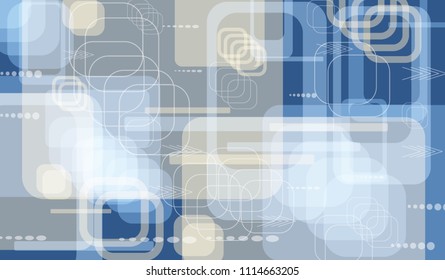 Tech Background. Colorful Horizontal Technology Background with Frames, Squares, Dots, Arrows and Lines. Modern Abstract Texture for Web, Wallpaper, Applications. Retro Digital Texture. Vector.