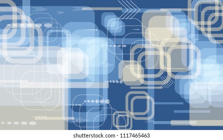 Tech Background. Colorful Horizontal Technology Background with Frames, Squares, Dots, Arrows and Lines. Modern Abstract Texture for Web, Wallpaper, Applications. Retro Digital Texture. Vector.