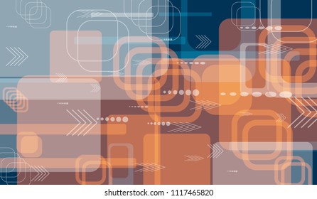 Tech Background. Colorful Horizontal Technology Background with Frames, Squares, Dots, Arrows and Lines. Modern Abstract Texture for Wallpaper, Applications, Web. Fantastic Digital Texture. Vector.