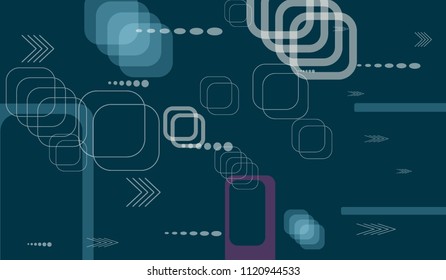 Tech Background. Colorful Horizontal Technology Background with Frames, Squares, Dots, Arrows and Lines. Modern Abstract Texture for Wallpaper, Web, Applications. Retro Digital Texture. Vector.