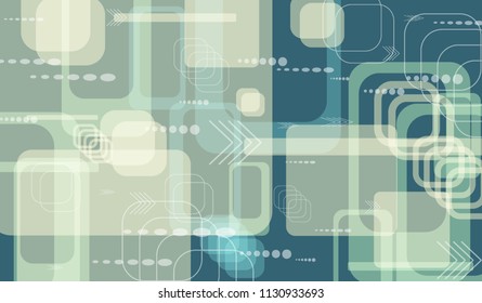 Tech Background. Colorful Horizontal Technology Background with Frames, Squares, Dots, Arrows and Lines. Modern Abstract Texture for Web, Wallpaper, Applications. Retro Digital Texture. Vector.
