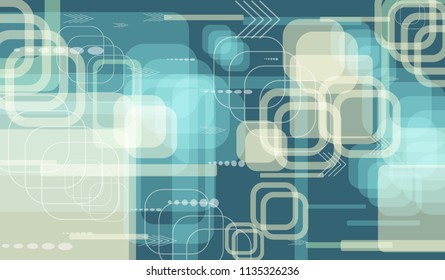 Tech Background. Colorful Horizontal Technology Background with Frames, Squares, Dots, Arrows and Lines. Modern Abstract Texture for Web, Applications, Wallpaper. Futuristic Digital Texture. Vector.
