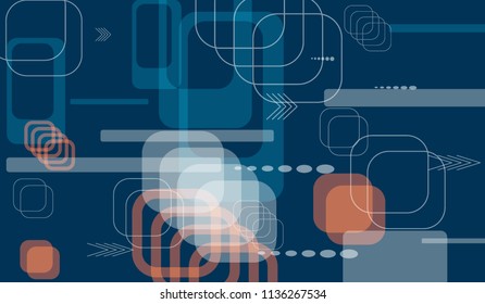 Tech Background. Colorful Horizontal Technology Background with Frames, Squares, Dots, Arrows and Lines. Modern Abstract Texture for Web, Wallpaper, Applications. Modern Digital Texture. Vector.