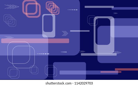 Tech Background. Colorful Horizontal Technology Background with Frames, Squares, Dots, Arrows and Lines. Modern Abstract Texture for Wallpaper, Applications, Web. Trendy Digital Texture. Vector.