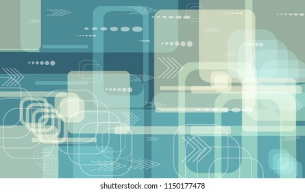 Tech Background. Colorful Horizontal Technology Background with Frames, Squares, Dots, Arrows and Lines. Modern Abstract Texture for Wallpaper, Applications, Web. Vintage Digital Texture. Vector.