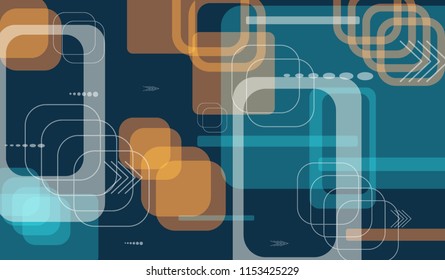 Tech Background. Colorful Horizontal Technology Background with Frames, Squares, Dots, Arrows and Lines. Modern Abstract Texture for Wallpaper, Applications, Web. Futuristic Digital Texture. Vector.