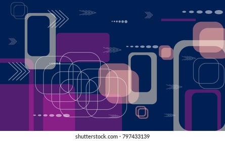 Tech Background. Colorful Horizontal Technology Background with Frames, Squares, Dots, Arrows and Lines. Modern Abstract Texture for Wallpaper, Applications, Web. Retro Digital Texture. Vector.