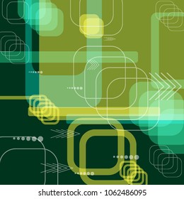 Tech Background. Colorful Square Technology Background with Frames, Squares, Dots, Arrows and Lines. Modern Abstract Texture for Wallpaper, Web, Applications. Futuristic Digital Texture. Vector.