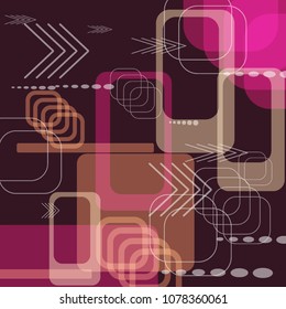 Tech Background. Colorful Square Technology Background with Frames, Squares, Dots, Arrows and Lines. Modern Abstract Texture for Web, Wallpaper, Applications. Fantastic Digital Texture. Vector.