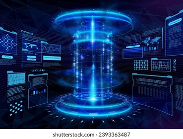 Tech background. Digital game hud, 3d lab hologram, ai and ui fantasy frame, techno vr cyberspace room. Blue glowing surface. Various hologram panels and dashboards. Vector cyber exact platform