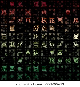 Tech background with elements of Chinese Simplified Characters in a gradiented matrix pattern. Red, yellow, and green color theme backgrounds. Tileable horizontally. Cool vector illustration.
