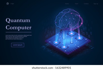 Tech background with Quantum Computer text caption and microchip image with glowing holographic human brain in purple light on dark blue background. Neural networks, AI and computing technology