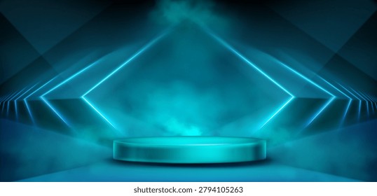 Tech background with round podium and neon led light tunnel. Vector realistic illustration of futuristic game product presentation stage, turquoise illumination and smoke, cyber technology design