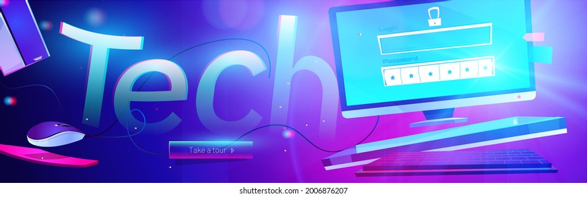 Tech banner. Concept of modern technologies, digital communication, internet and network system. Vector cartoon illustration of desktop computer with authorization form